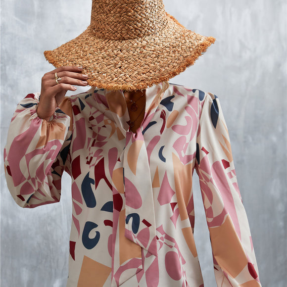 Elegant Women's Shirt with Bow Tie, Chiffon, Printed Long Sleeve