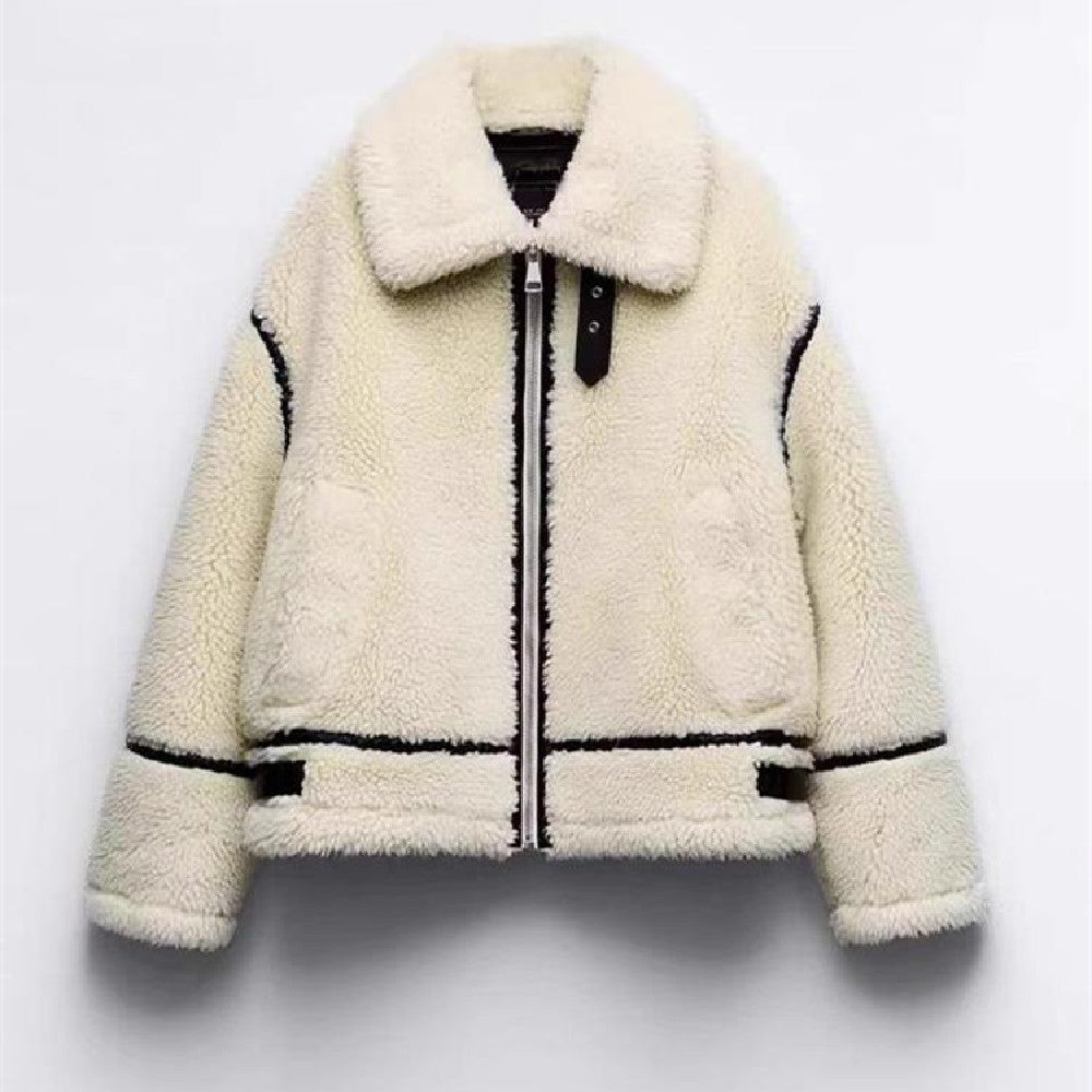 Women's jacket zipped in faux fur elegant  long sleeves lapel collar