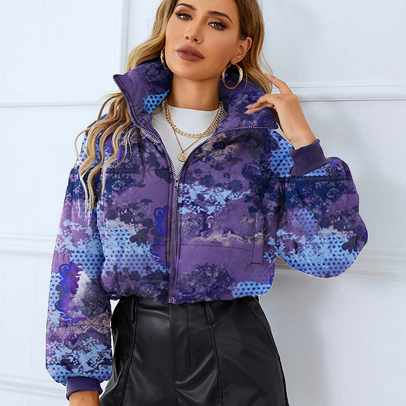 Women's jacket short puffy padded elegant high collar flower print