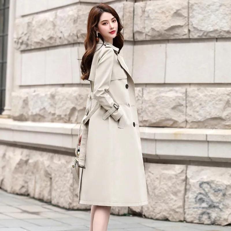 Women's trench coat over knee with belt double-breasted