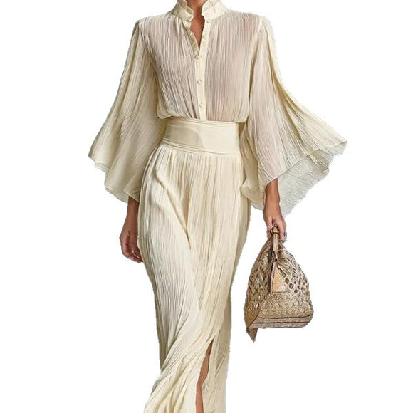 Women’s Sets Two-Piece Elegant Pleated Wide Sleeve Shirt and Maxi Skirt