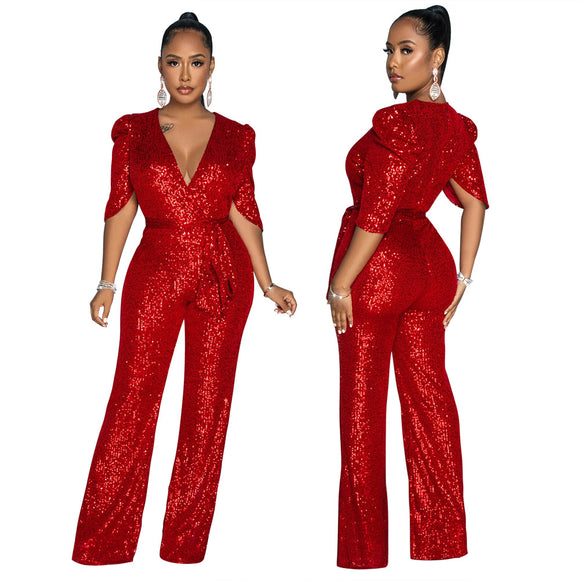 Women’s Jumpsuit Elegant Sequin V Neck Half Sleeve Slim Fit Party