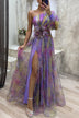 Women’s Sexy Maxi Dress Elegant Tie Dye Mesh Off Shoulder Slit