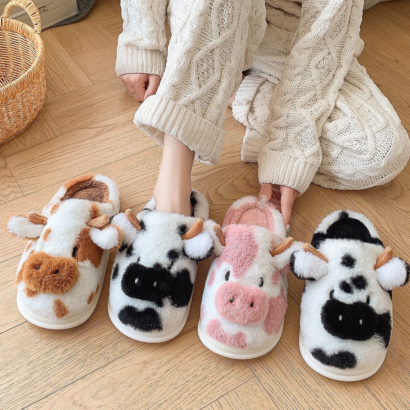 Women's slippers cow plush elegant warm non-slip