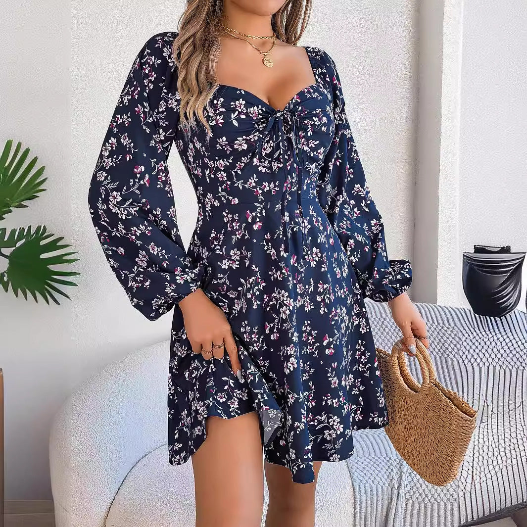 Women's Mini Dress A-Line floral print lantern sleeve sexy square collar