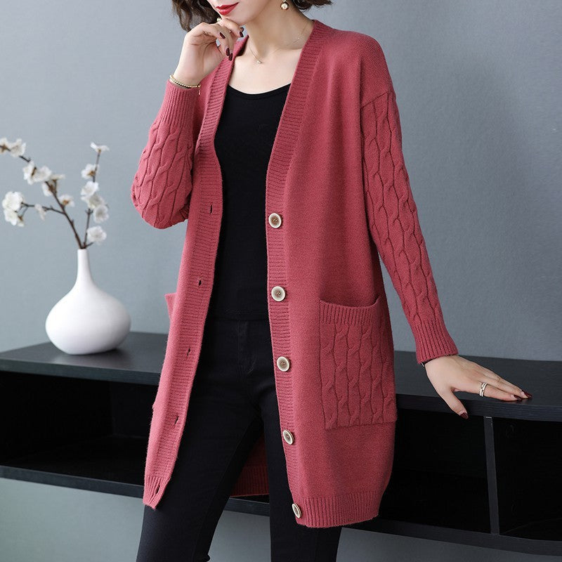 Women's Cardigan knitted pocket solid color elegant, long sleeves, v-neck