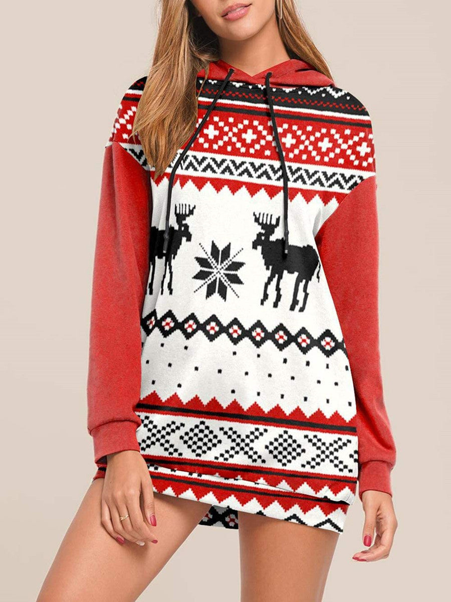 Women's sweater Christmas hooded long sleeve elk print