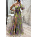 Women’s Sexy Maxi Dress Elegant Tie Dye Mesh Off Shoulder Slit