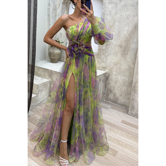 Women’s Sexy Maxi Dress Elegant Tie Dye Mesh Off Shoulder Slit