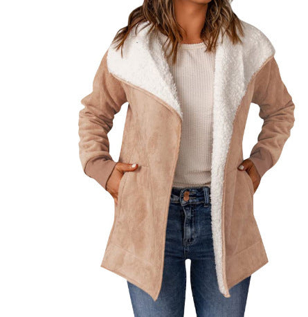 Women's coat warm plush long sleeves trendy open front vintage solid