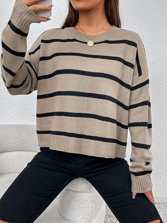 Women's sweater knitted striped elegant with long sleeves, round neck