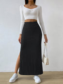 Women's spring long skirt, side slit, slim fit, knitted skirt, casual