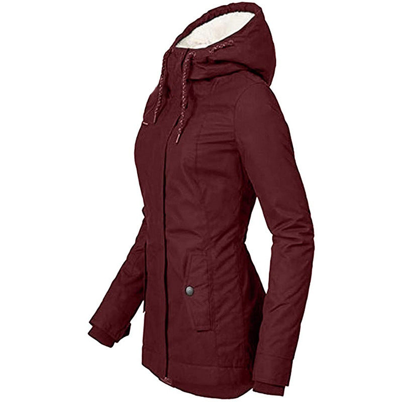 Women's coat with pockets hooded solid plush thickened zipper long sleeves