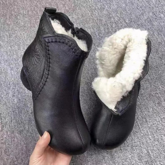 Women’s Ankle Boots Leather Elegant Soft-soled Chunky Heel Warm Fleece