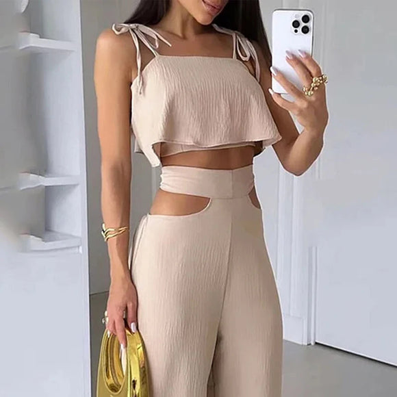 Women's Sets Elegant Two Piece Sleeveless Lace Up High Waist Wide Leg Pants