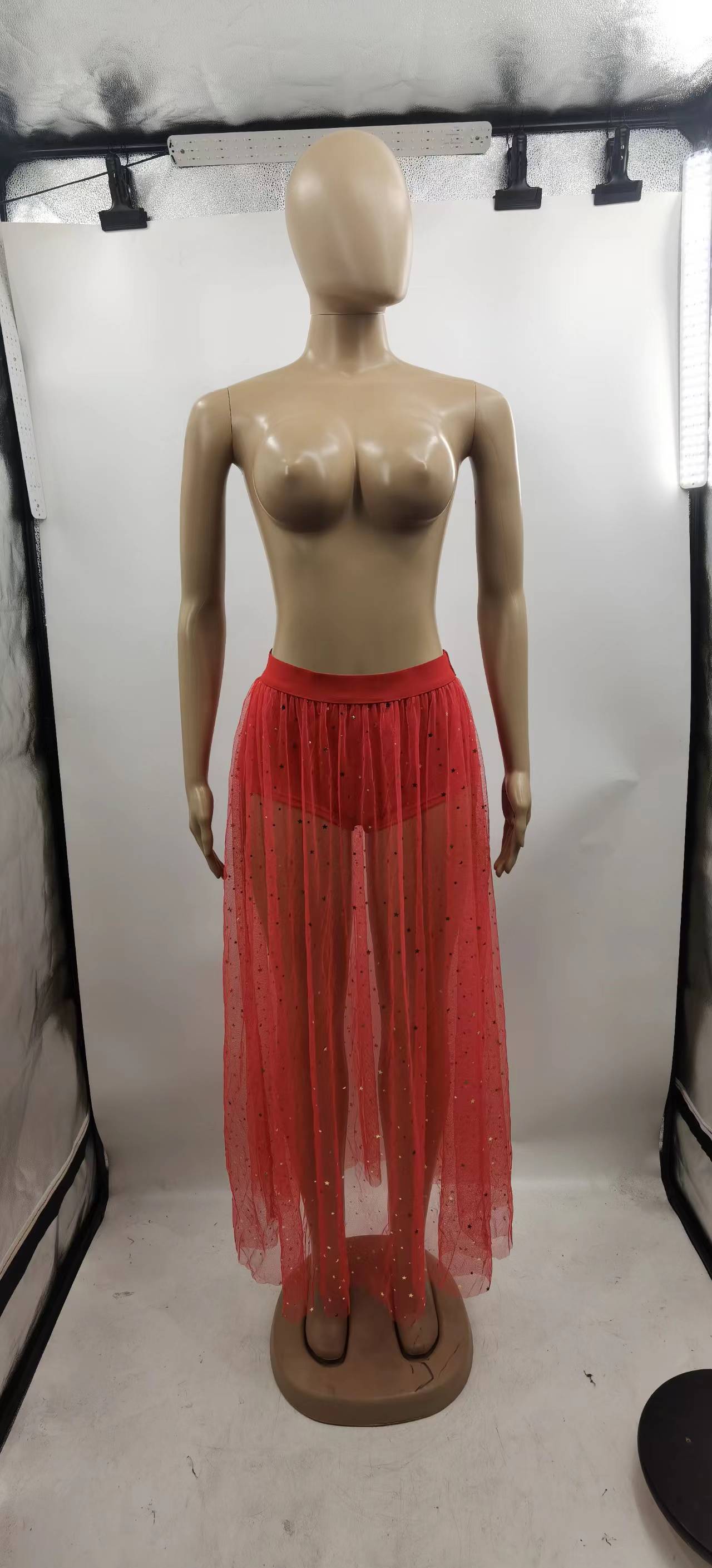 Women's long skirt sequins see-through pleated lace and mesh