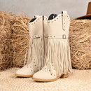 Women’s Mid Boots Elegant Western Cowboy Belt Buckle Rivet Tassel-4