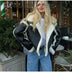 Women's jacket Pu leather lambswool elegant lapel collar thick warm