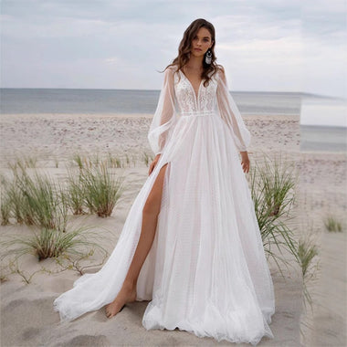Women’s Wedding Dress Elegant V-Neck Puff Sleeve Mesh Boho Gown with Appliques