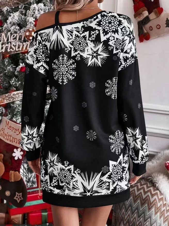 Women's Christmas dress snowflake print long sleeves sloping shoulders