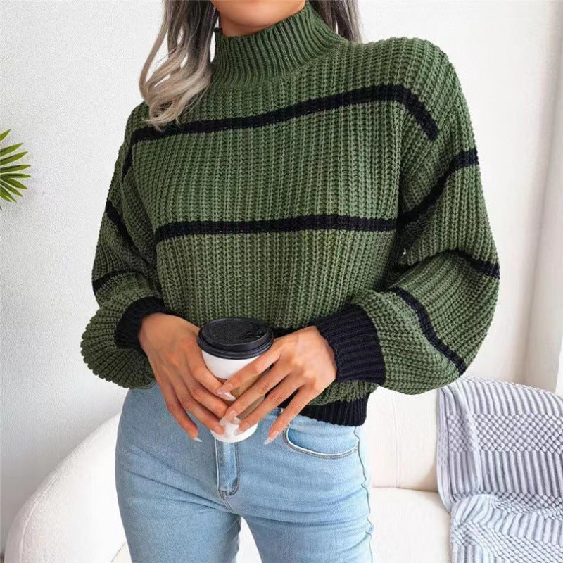 Women's sweater knitted turtleneck , casual striped, lantern sleeve