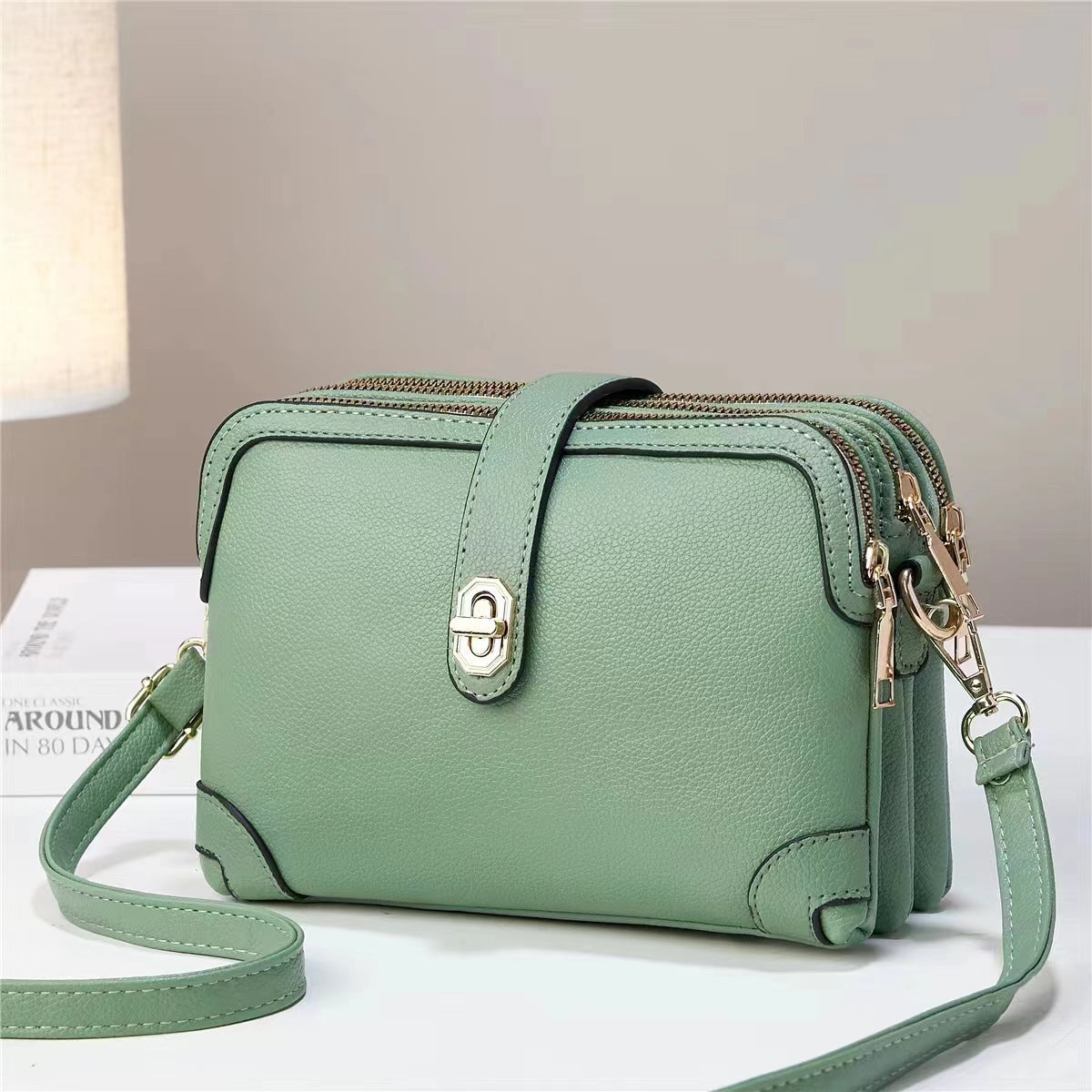 Women's square bag Shoulder Crossbody soft leather multi-layer lychee