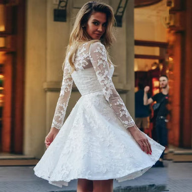 Women’s Short Wedding Dress Elegant Long Sleeve Lace A-Line Bridal Gown