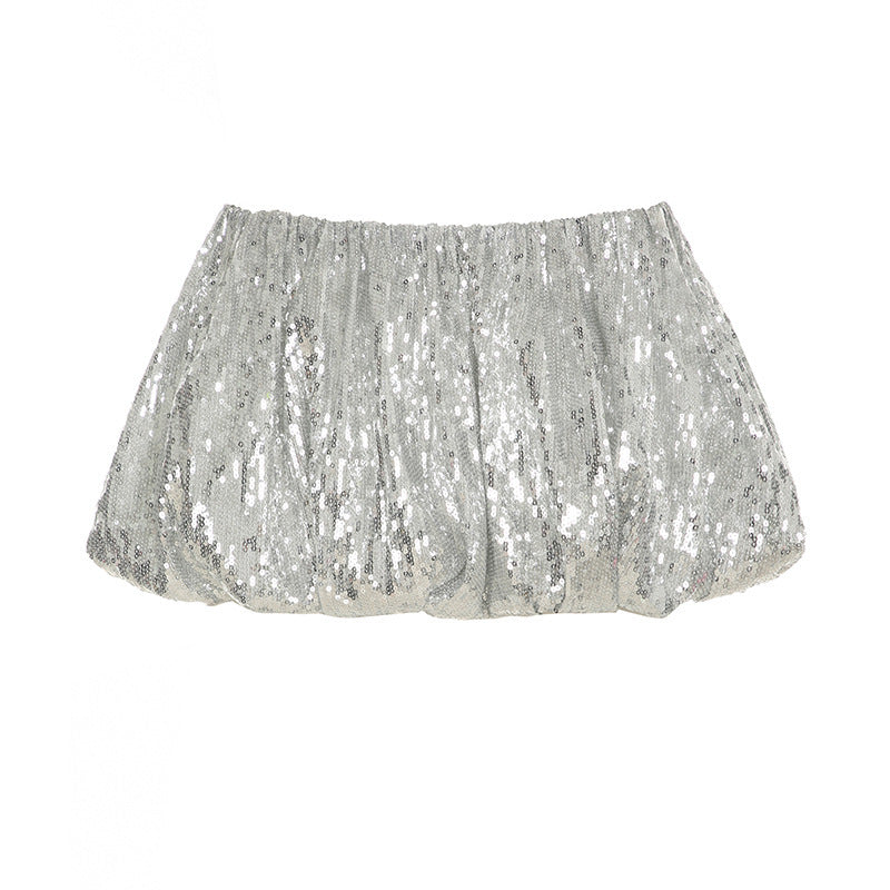 Women's mini skirt elegant with sequins silver shiny elastic sexy