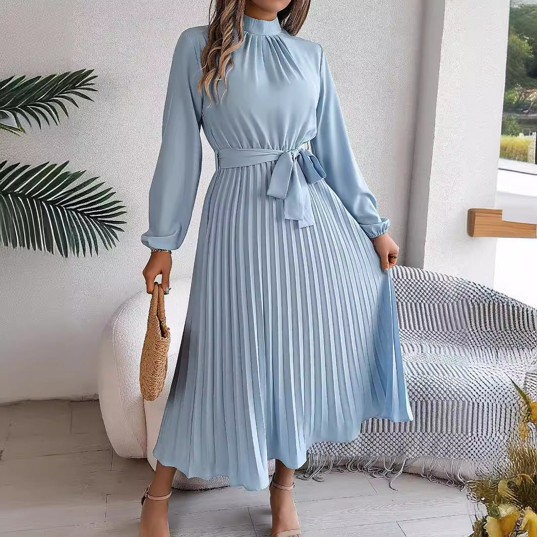 Women's dress flared pleated elegant belted long sleeve stand collar