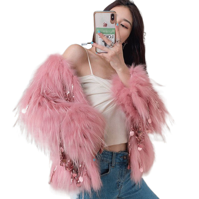 Women's coat in fox fur with beaded fringes elegant versatile