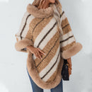 Women's Cape fur collar striped elegant, knitted shawl sweater, plush scarf