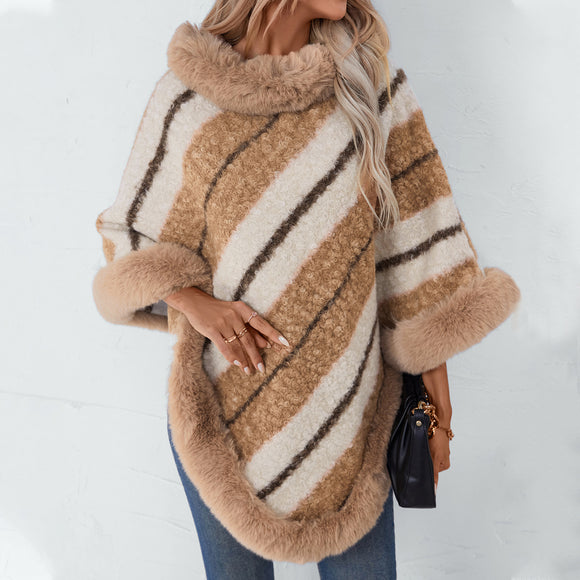Women's Cape fur collar striped elegant, knitted shawl sweater, plush scarf