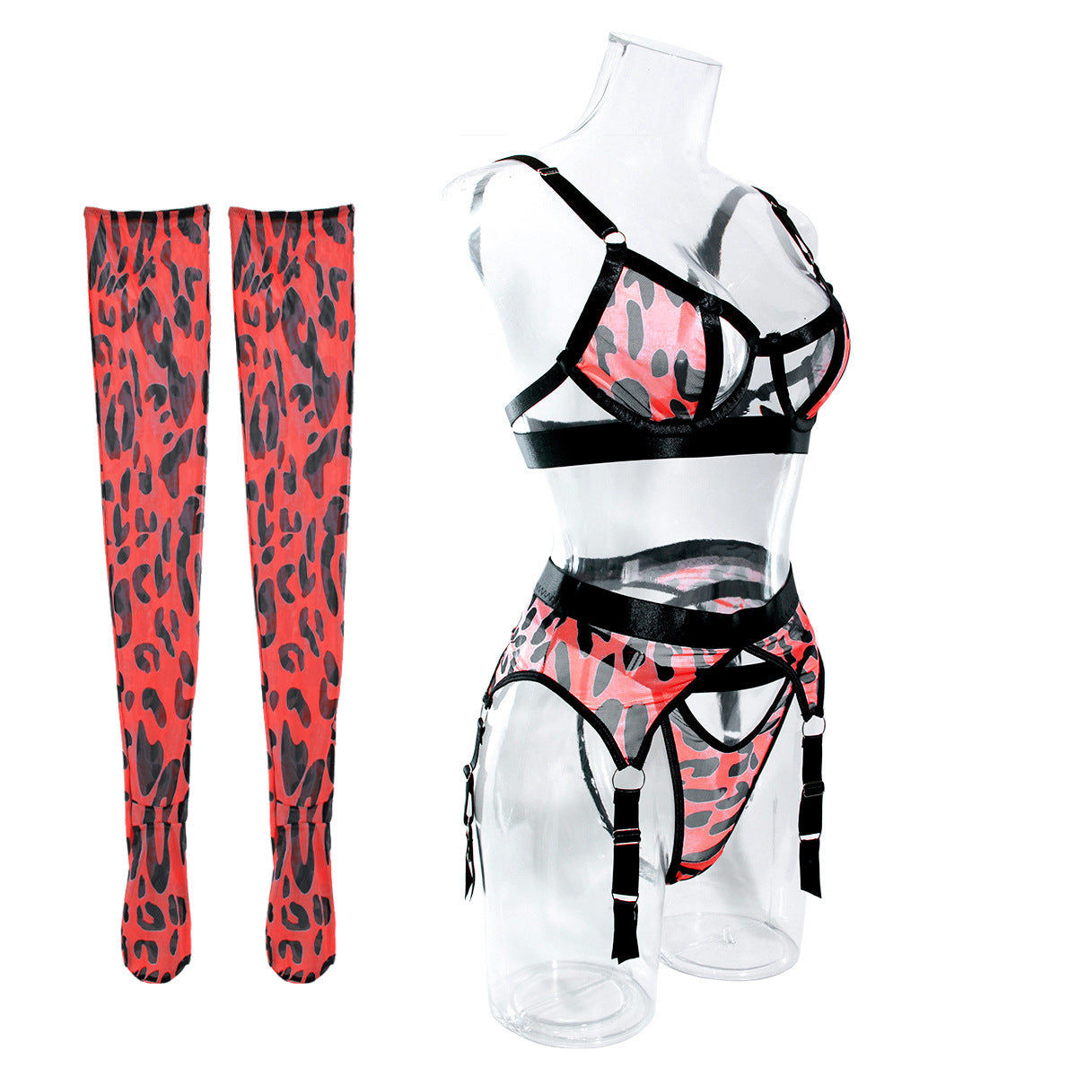 Women's lingerie set sexy hollow mesh wild leopard print