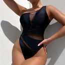 Women's swimwear one-piece elegant one shoulder splicing mesh
