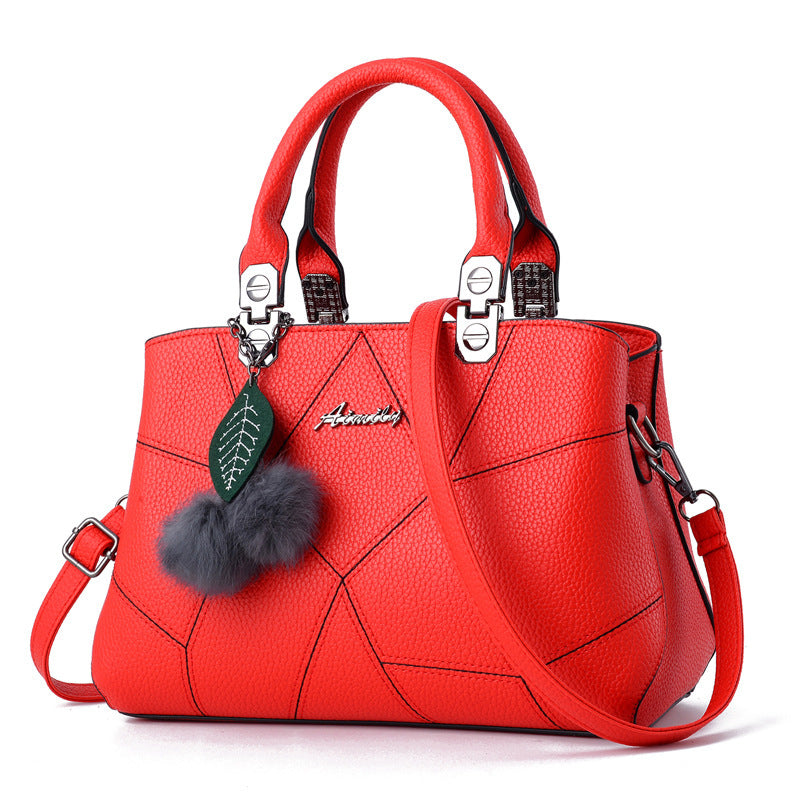 Women's handbag versatile leather zipper top handle with ball pendant