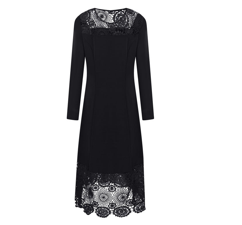 Women's dress in lace hem elegant round neck long sleeves