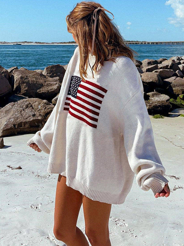 Women's sweater knitted, long sleeve round neck with American flag