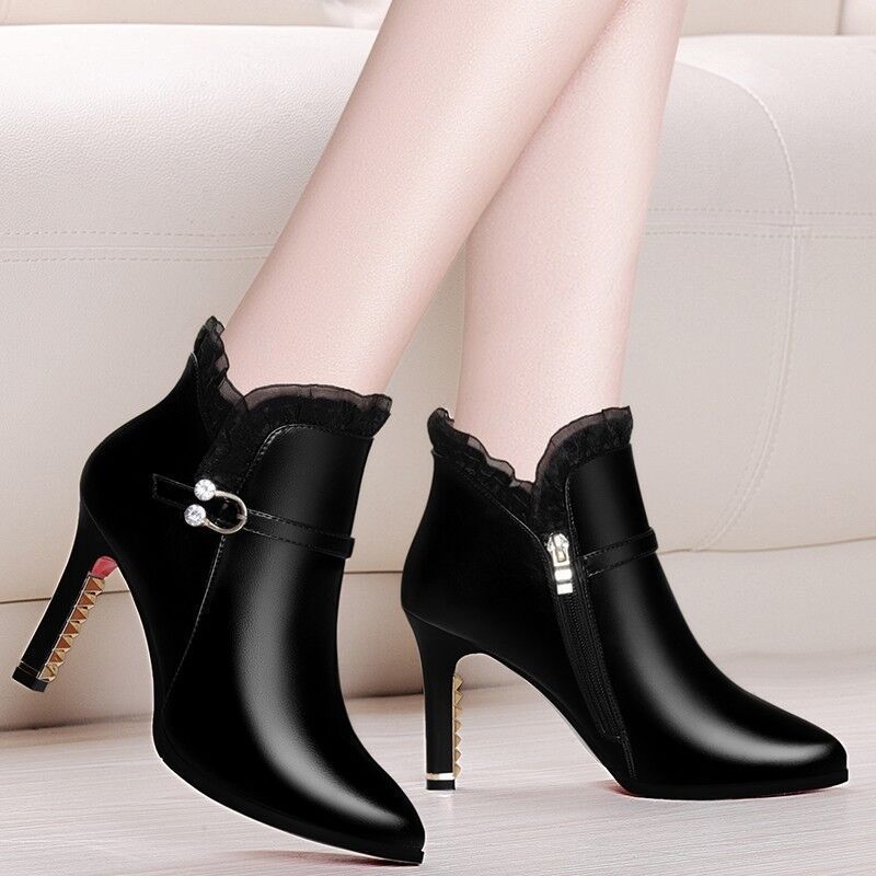 Women's Boots high heel leather with round toes elegant confortable