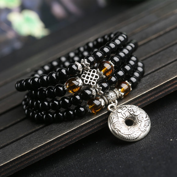 Bracelet Mala perles obsidienne prière 108 pour la guérison méditation