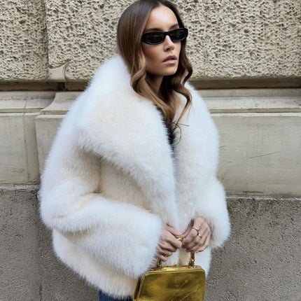 Women's Elegant Faux Fur Coat Shawl Collar Fluffy Plush Short Jacket
