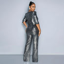 Women’s Jumpsuit Elegant Sequin V Neck Half Sleeve Slim Fit Party-3