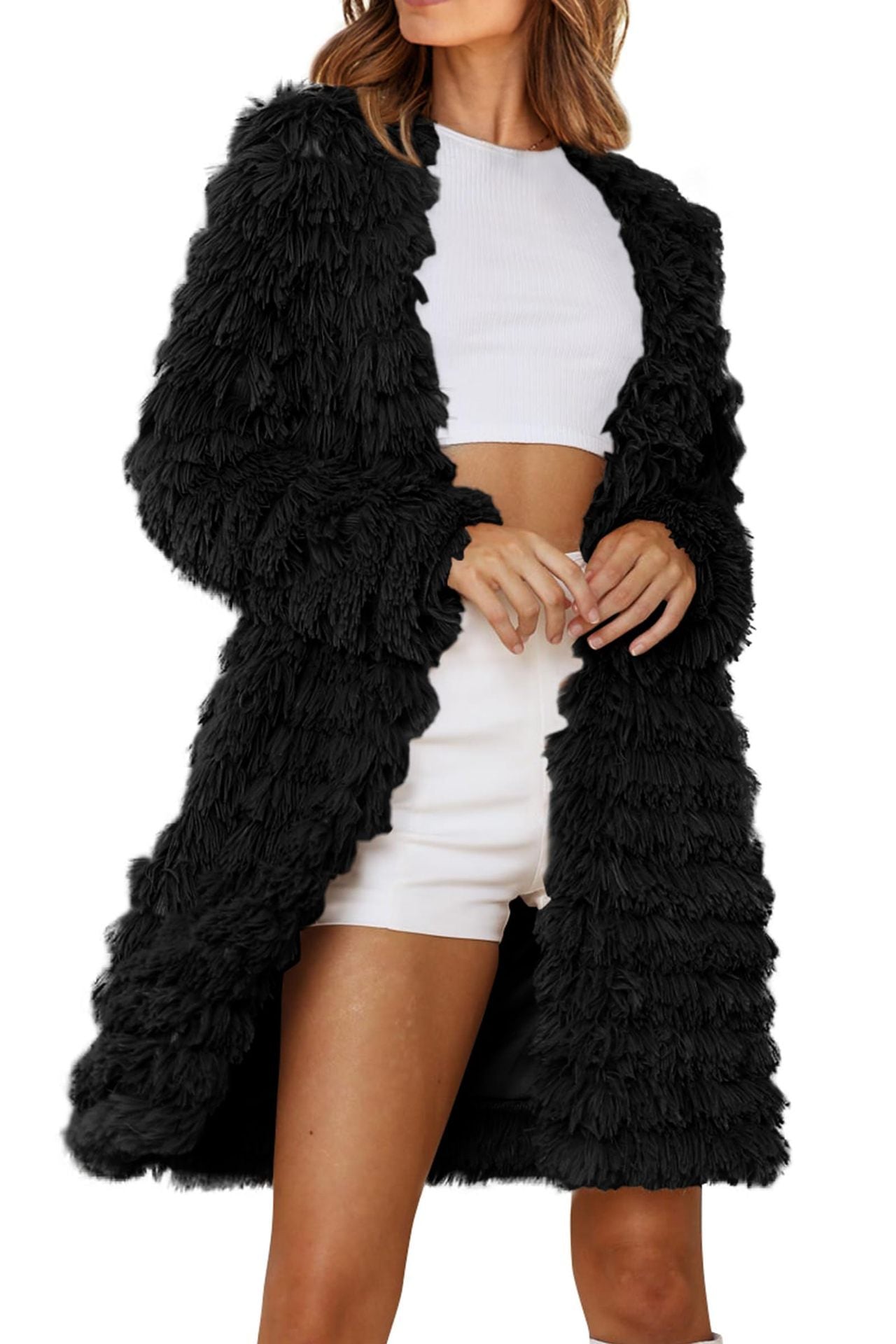 Women's jackets faux fur long sleeve Long cardigan open on the front