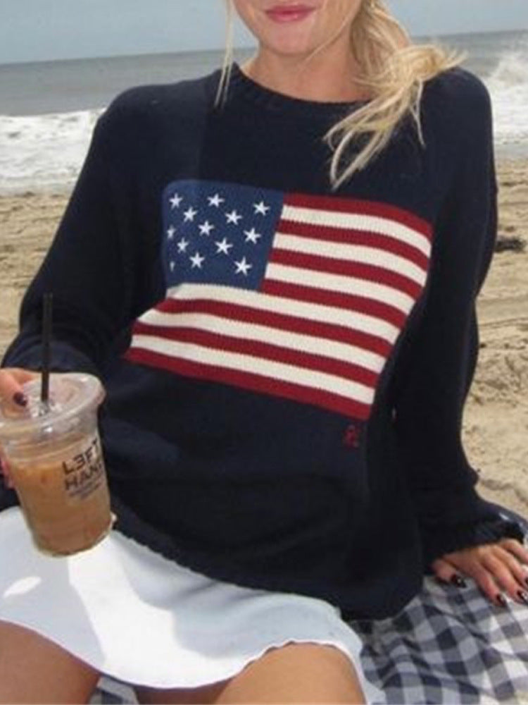 Women's sweater knitted, long sleeve round neck with American flag