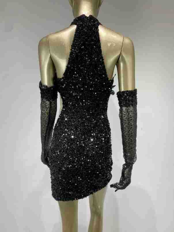 Mini Dress Evening elegant sequin and feather sexy, halter with gloves