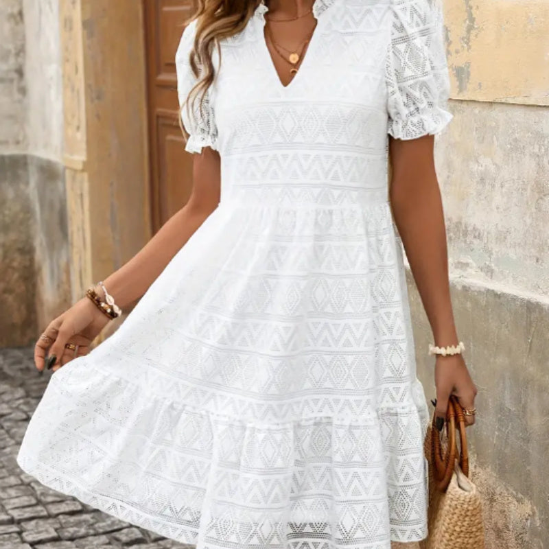 Women's dress openwork geometric pattern lantern sleeves elegant