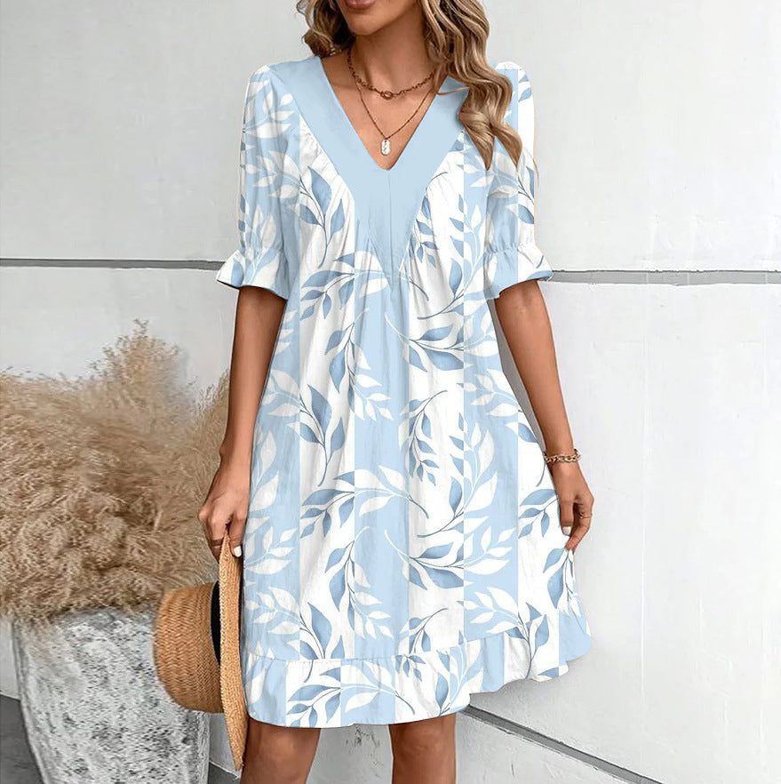 Women's Mini Dress loose short-sleeved V-neck elegant printed