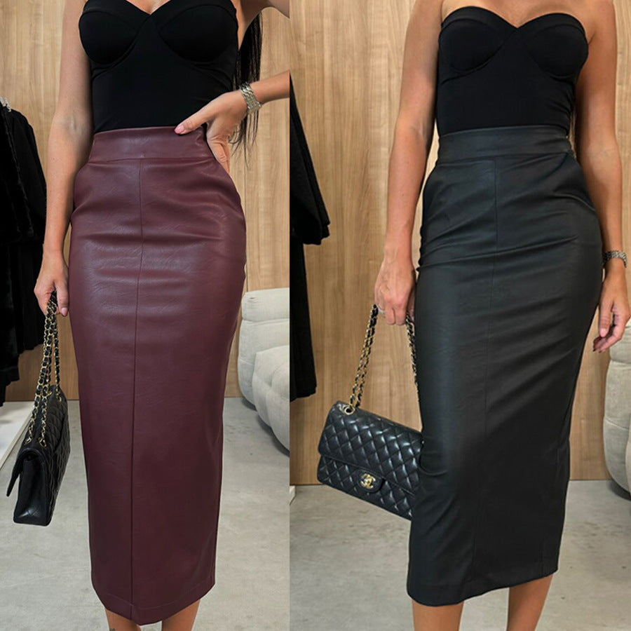 Women's maxi skirts PU leather pencil elegant casual