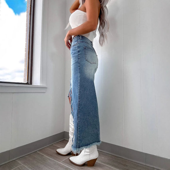 Women's long skirt denim elegant ripped and split