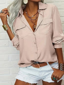 Elegant Blouse Spring Summer Casual Long Sleeve V Neck Loose Shirt Lady Tunics Tops