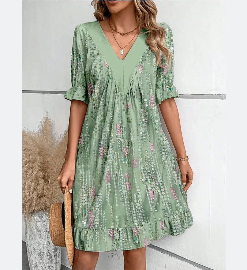 Women's Mini Dress loose short-sleeved V-neck elegant printed